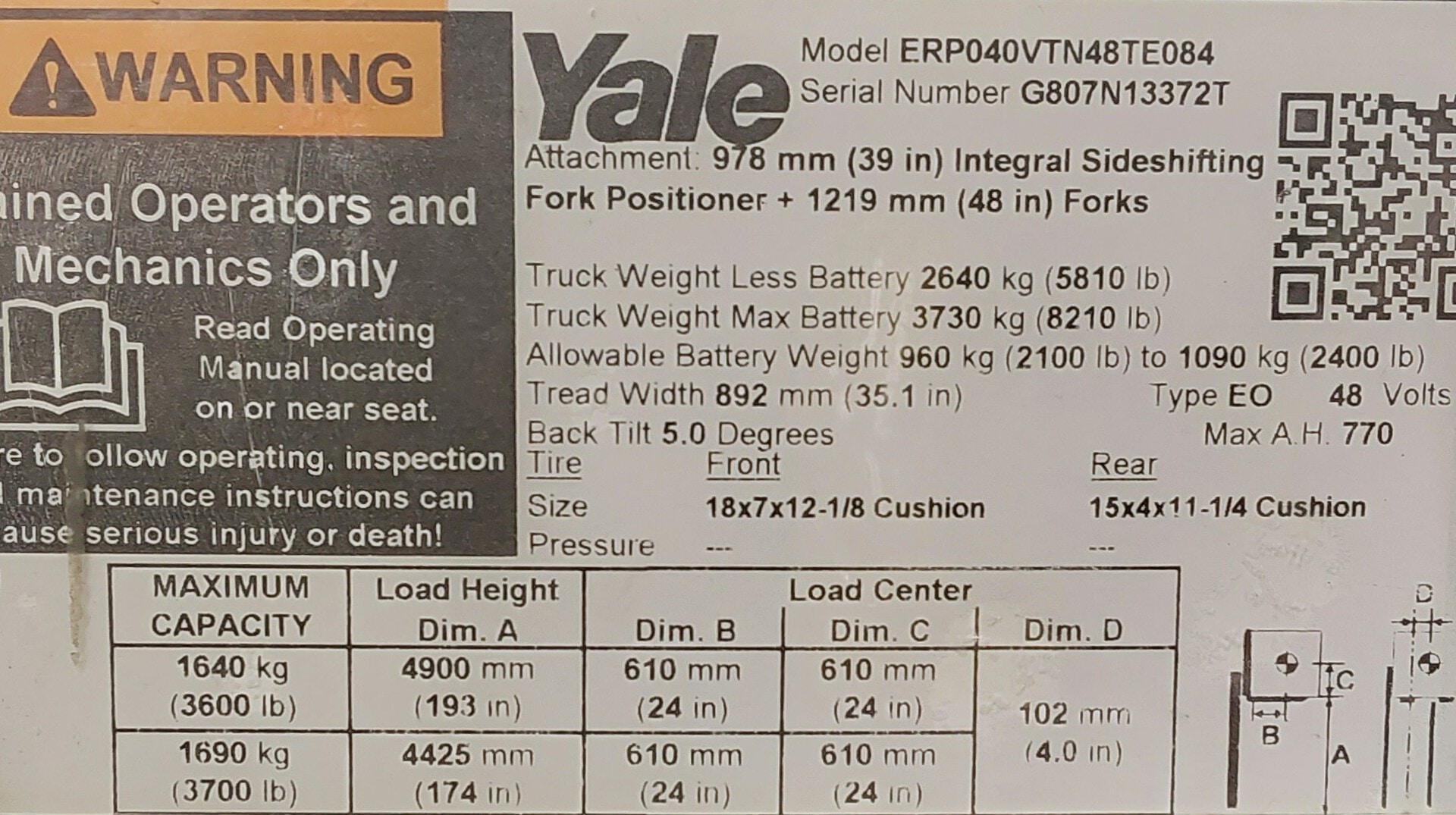 2019 Yale ERP040VT, 4,000 lbs. Electric Forklift Truck Information