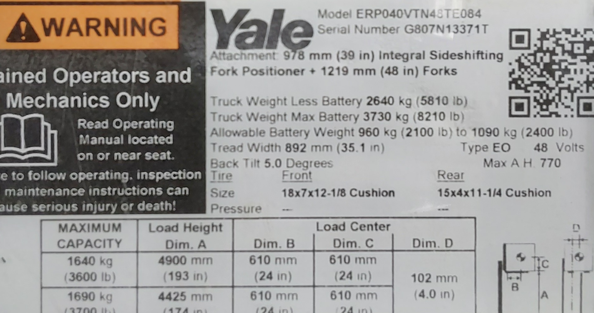 2019 Yale ERP040VT, 4,000 lb. Electric Forklift Truck Information