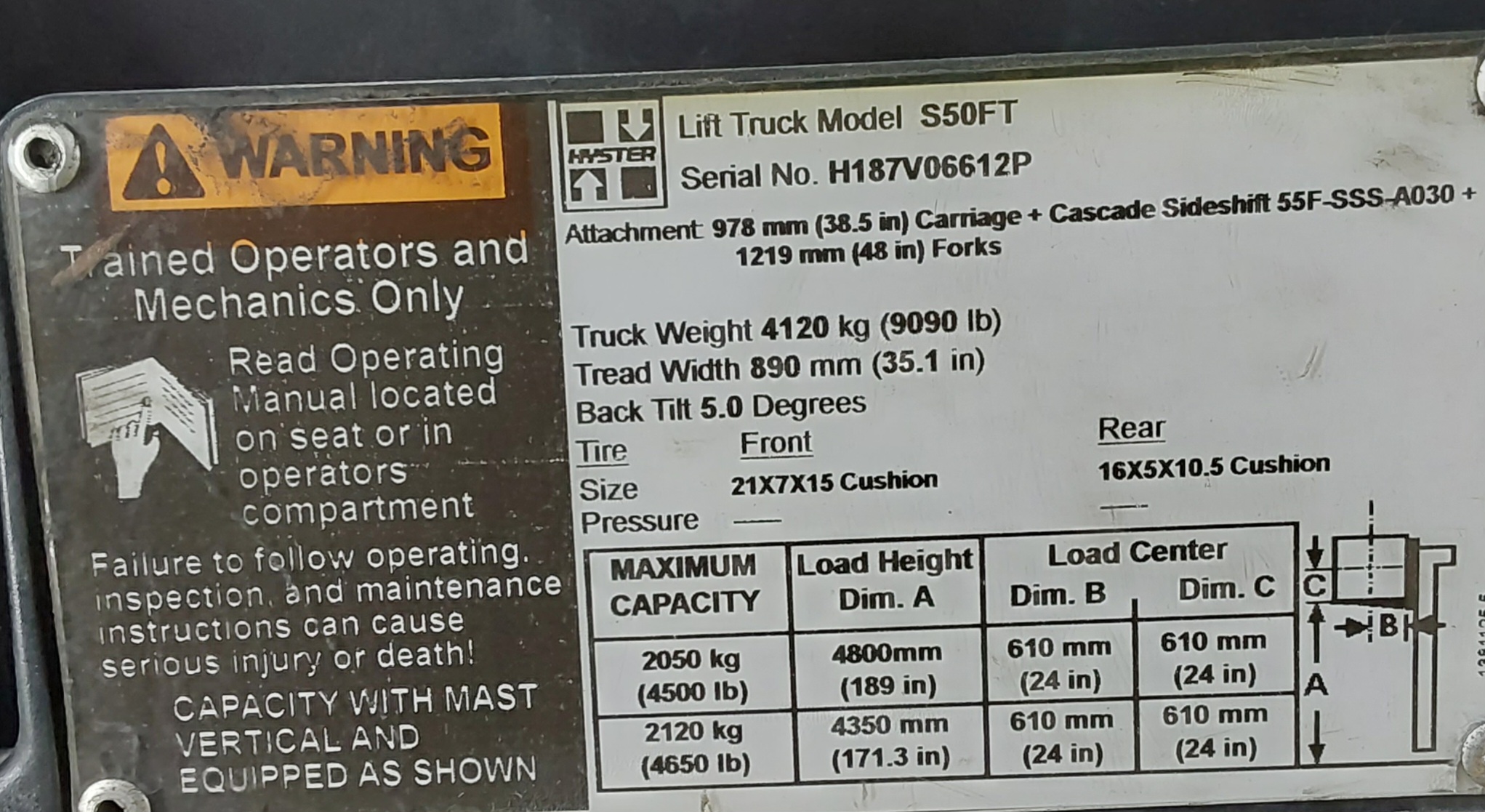 2016 Hyster S50FT, 5,000 lb. Electric Forklift Truck Information