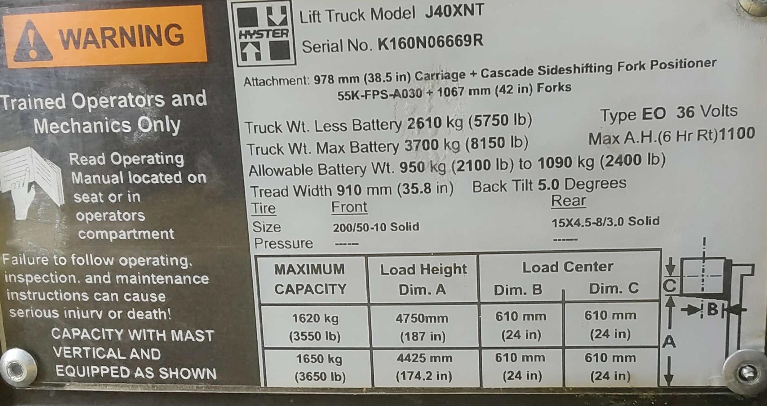 2017 Hyster J40XNT, 4,000 lb. Electric Forklift Truck Information
