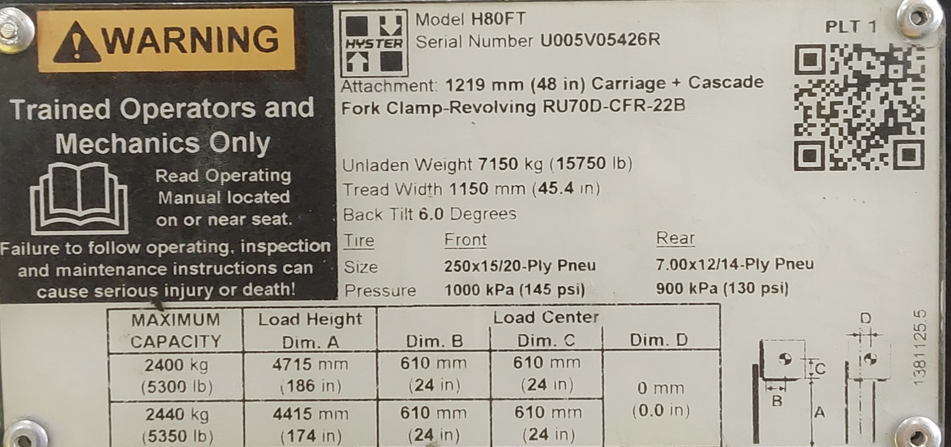 2017 Hyster H80FT, 8,000 lb. IC Pneumatic Forklift Class V, Truck Information